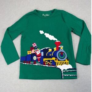 Mini Boden Green Santa Train Applique Long Sleeve‎ Shirt Kids Size 6-7 Years
